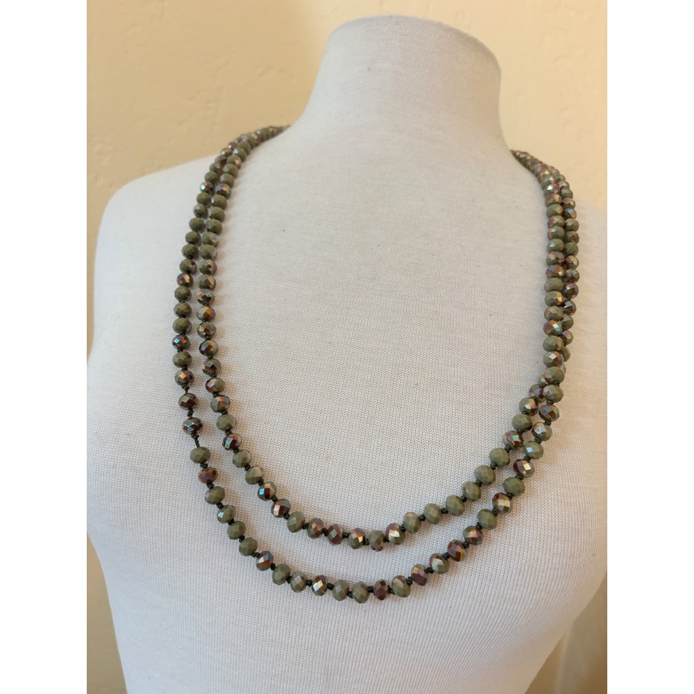 Olive Green Iridescent Faceted Glass Bead Hand Knotted Opera Necklace 36 Inch